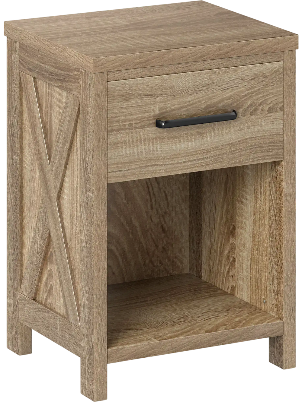 Natural nightstand featuring a spacious drawer and open shelf, designed with farmhouse-style X patterns for versatile.