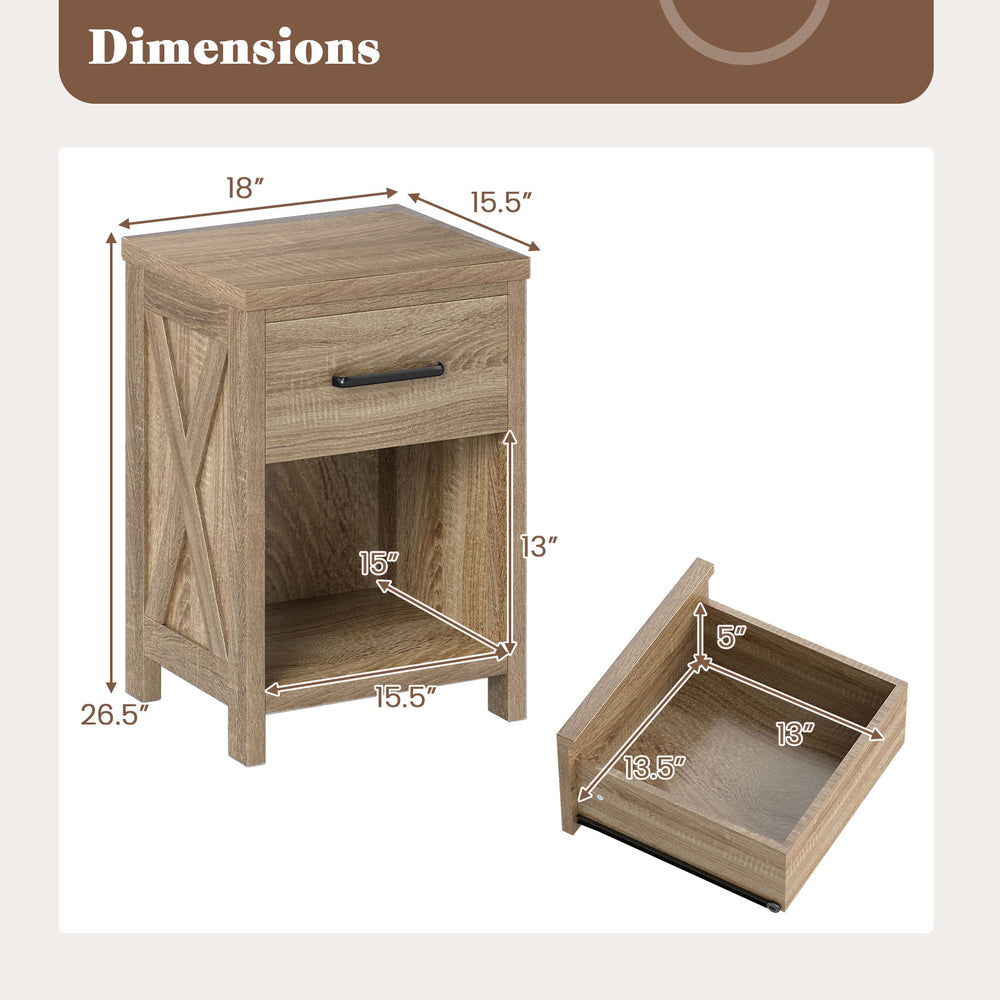 Natural nightstand with drawer and shelf, featuring farmhouse design and dimensions for convenient storage and access.