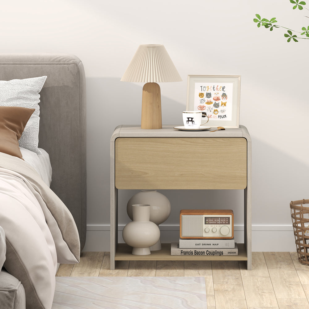 Modern 2-tier nightstand in oak with a pull-out drawer and open shelf, ideal for bedroom organization and decor.