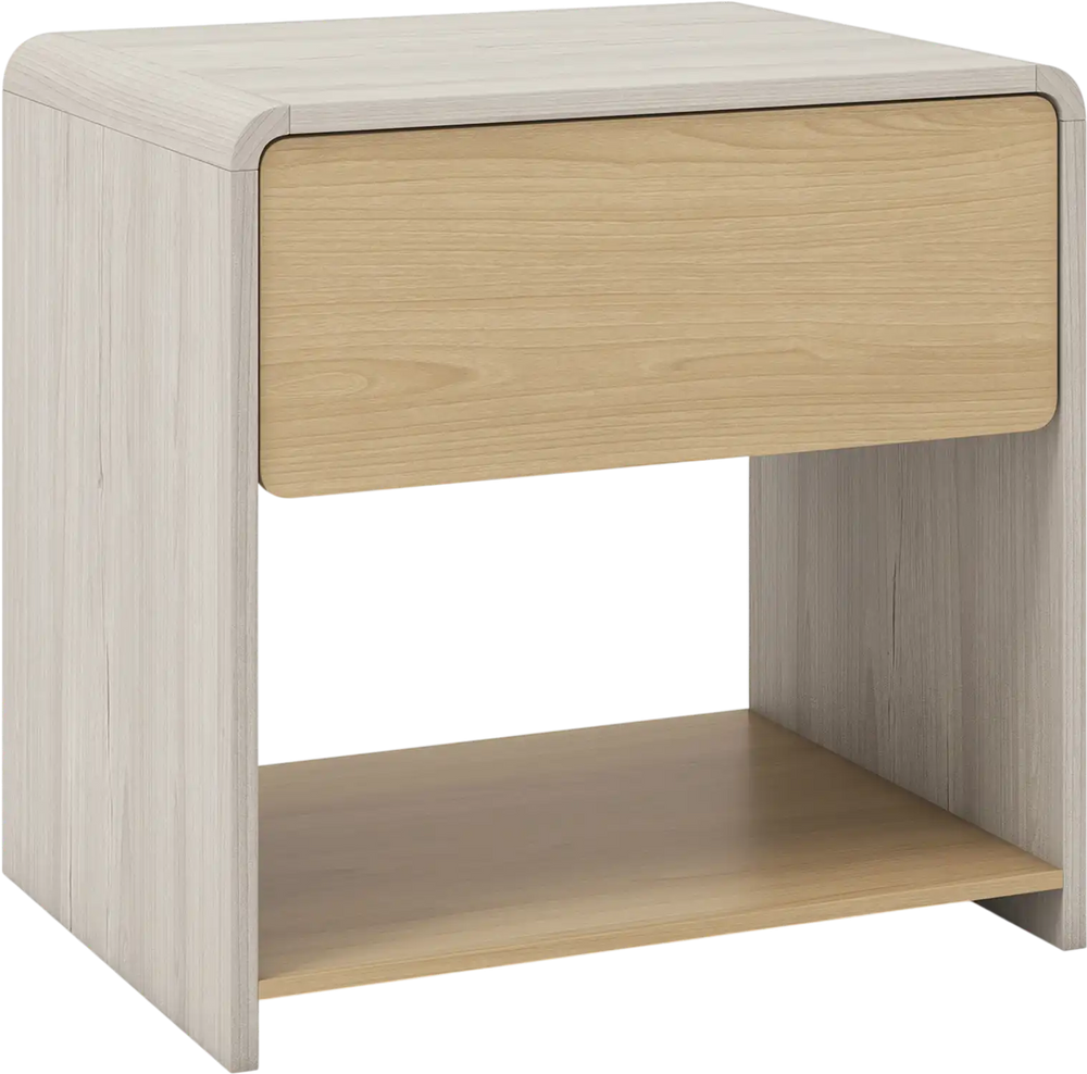 2-tier modern nightstand in oak with a pull-out drawer and open shelf, perfect for organizing essentials and displaying.