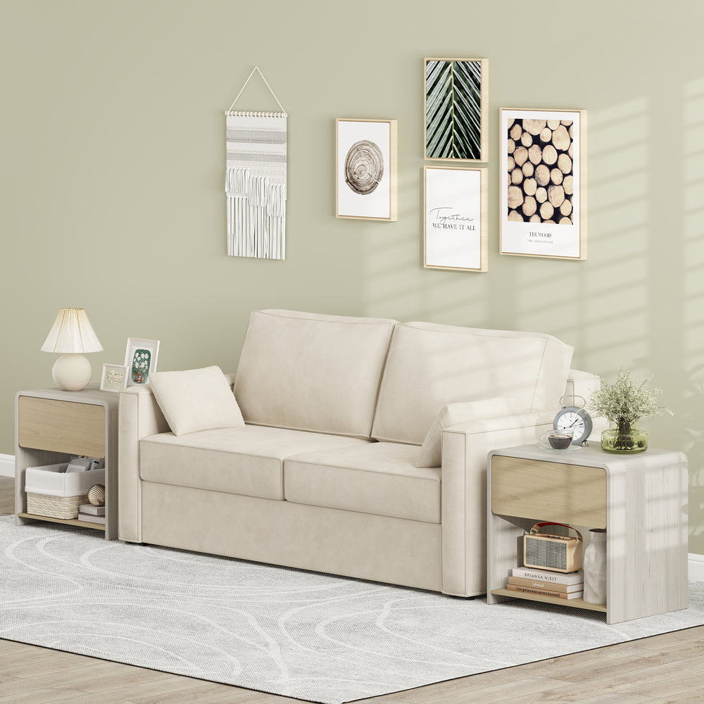 Modern 2-tier nightstand in oak with drawer and open shelf, perfect for organizing essentials and displaying decor.