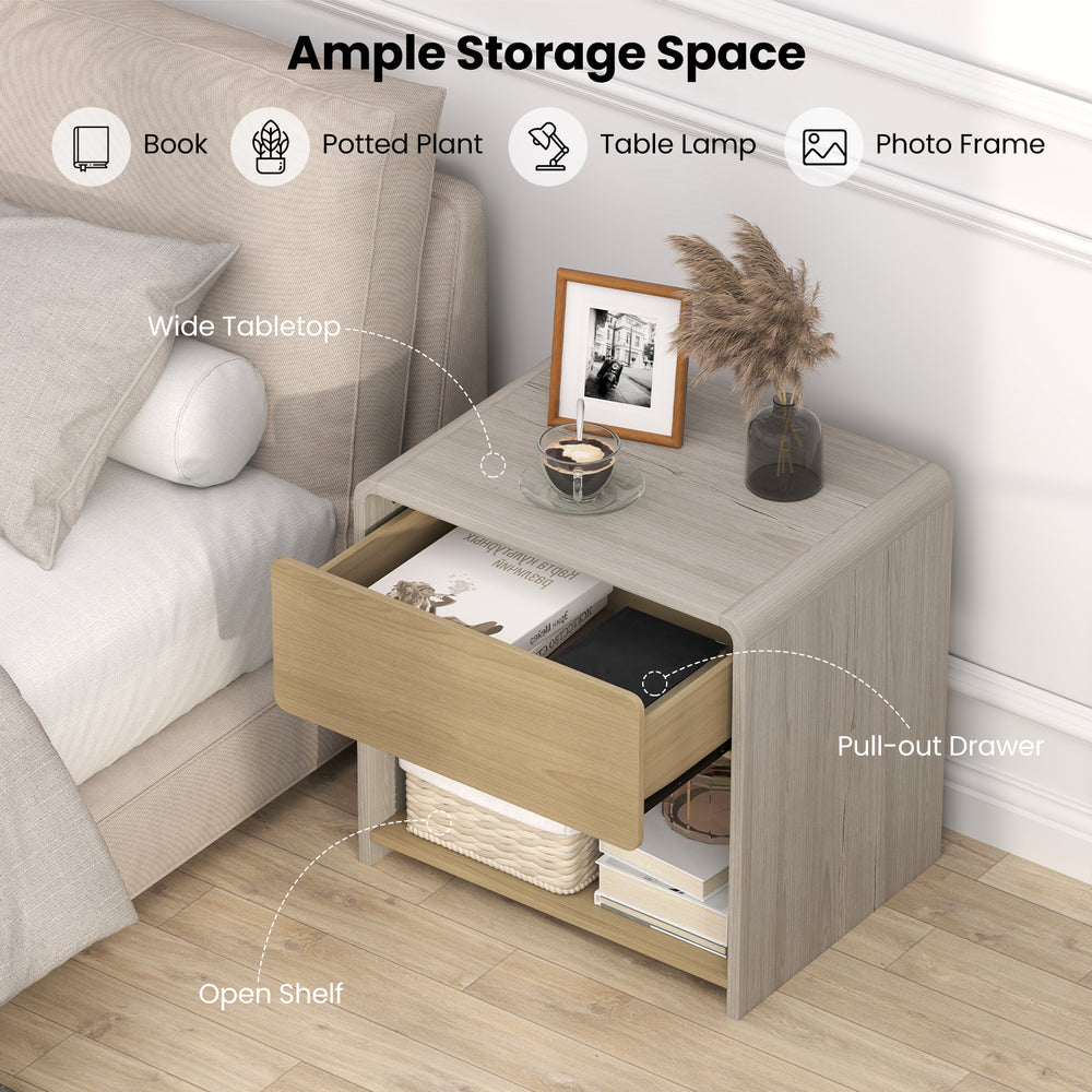 Modern 2-tier nightstand in oak with pull-out drawer and open shelf, perfect for lamps and decor in any room.