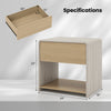 2-tier modern nightstand in oak with a pull-out drawer and open shelf, ideal for bedroom organization and decor.