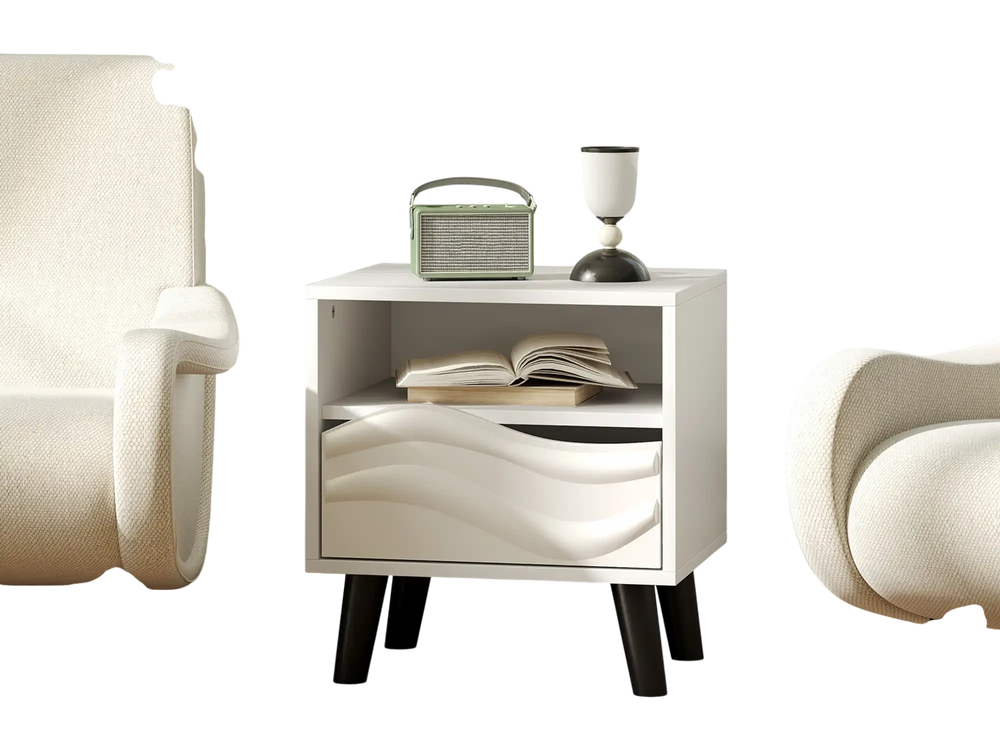 Compact mid-century modern nightstand with a 3D wavy pattern, showcasing an open shelf and stylish tapered legs.