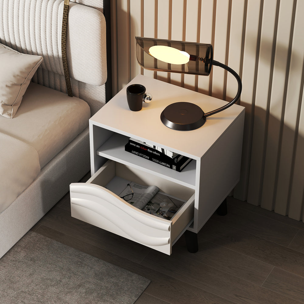Mid-century modern nightstand in white with 3D wavy pattern, open shelf, and spacious drawer for bedroom storage.