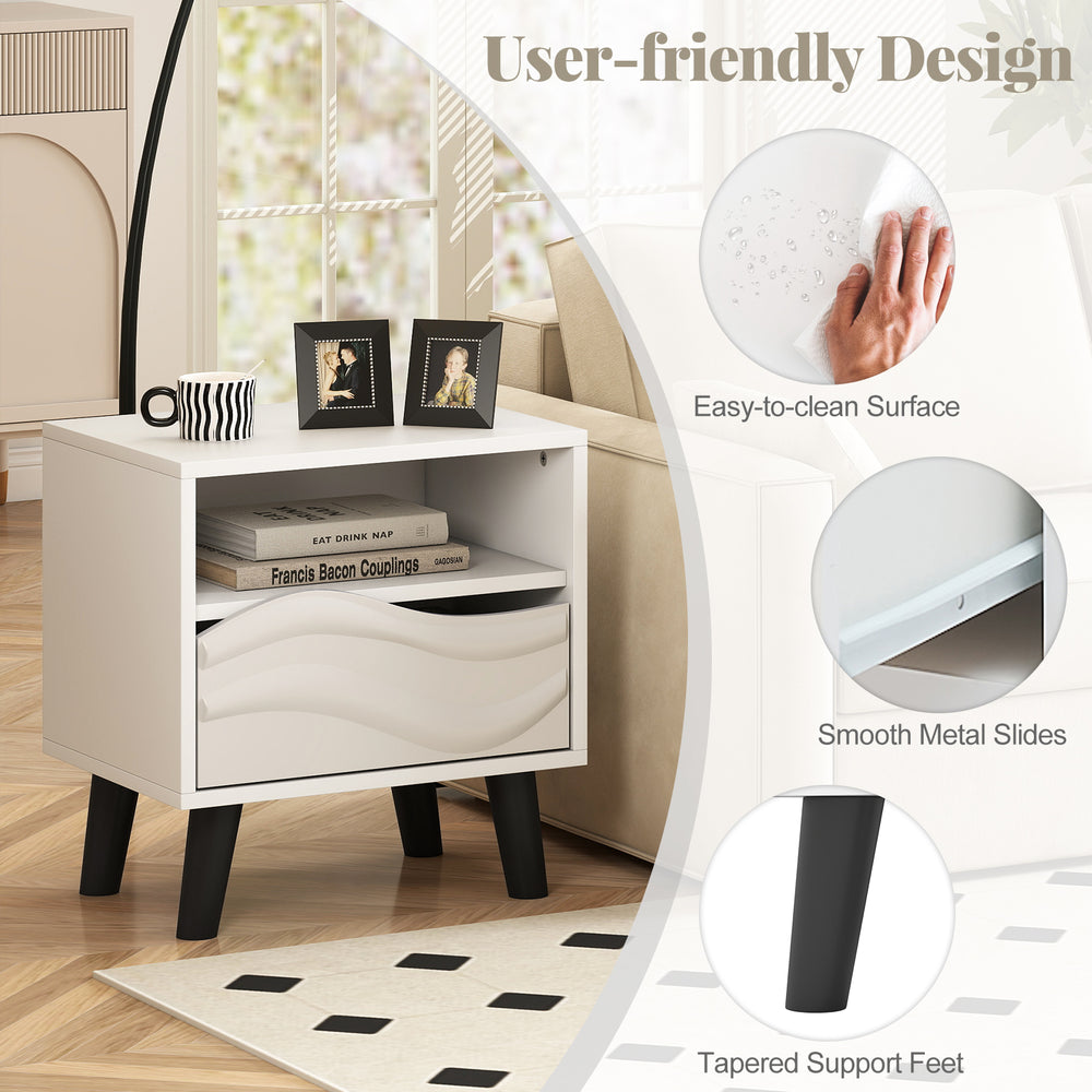 Mid-century modern nightstand with a 3D wavy pattern, open shelf, and tapered support feet for stylish storage.