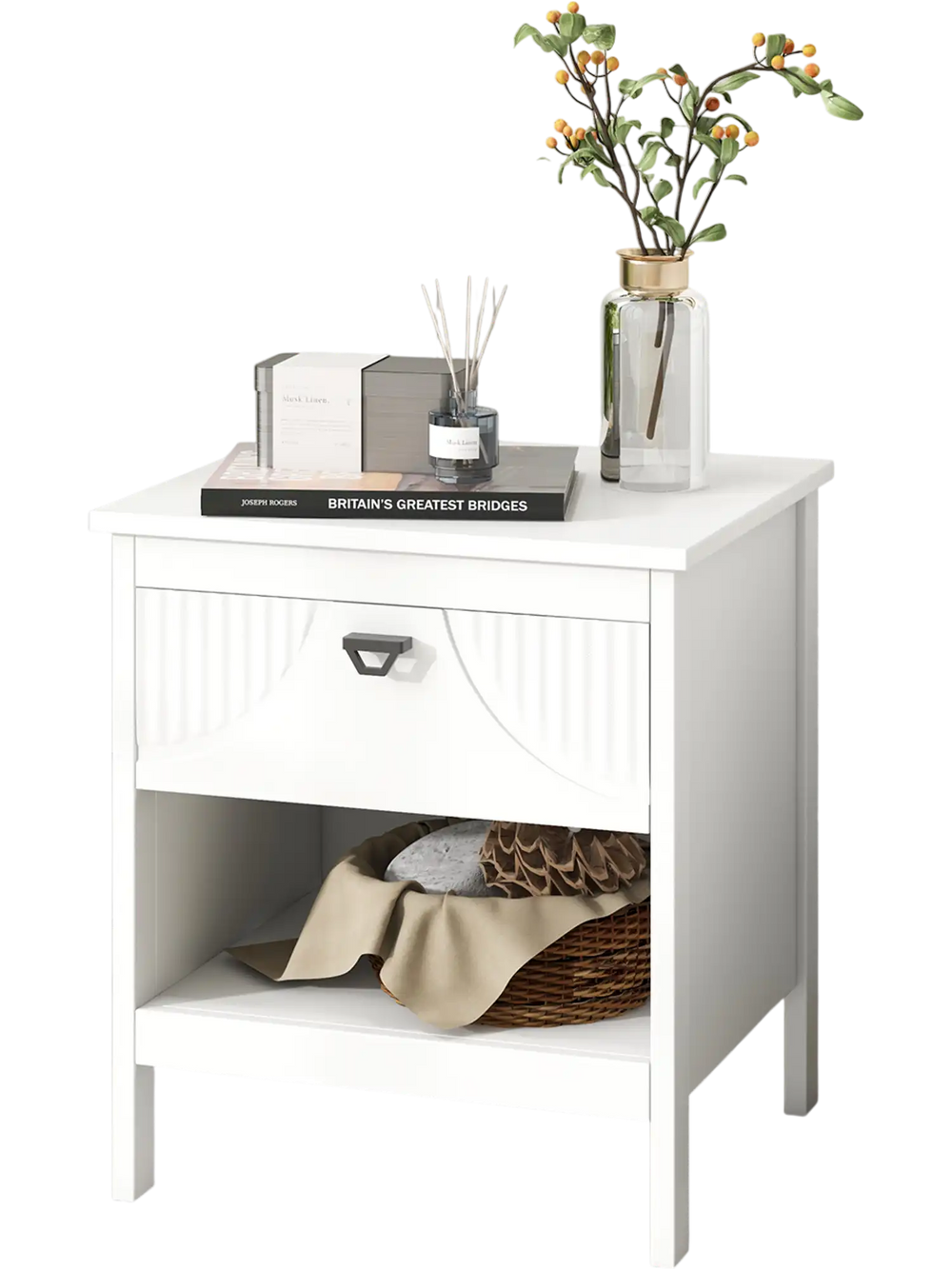 White 2-tier wood nightstand showcasing a faux cutout drawer front and open shelf, perfect for stylish bedroom decor.
