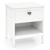 White 2-tier wood nightstand featuring a drawer and open shelf, ideal for versatile storage in small spaces.