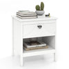 White 2-tier wood nightstand with drawer and open shelf, featuring modern design and anti-toppling device for stability.