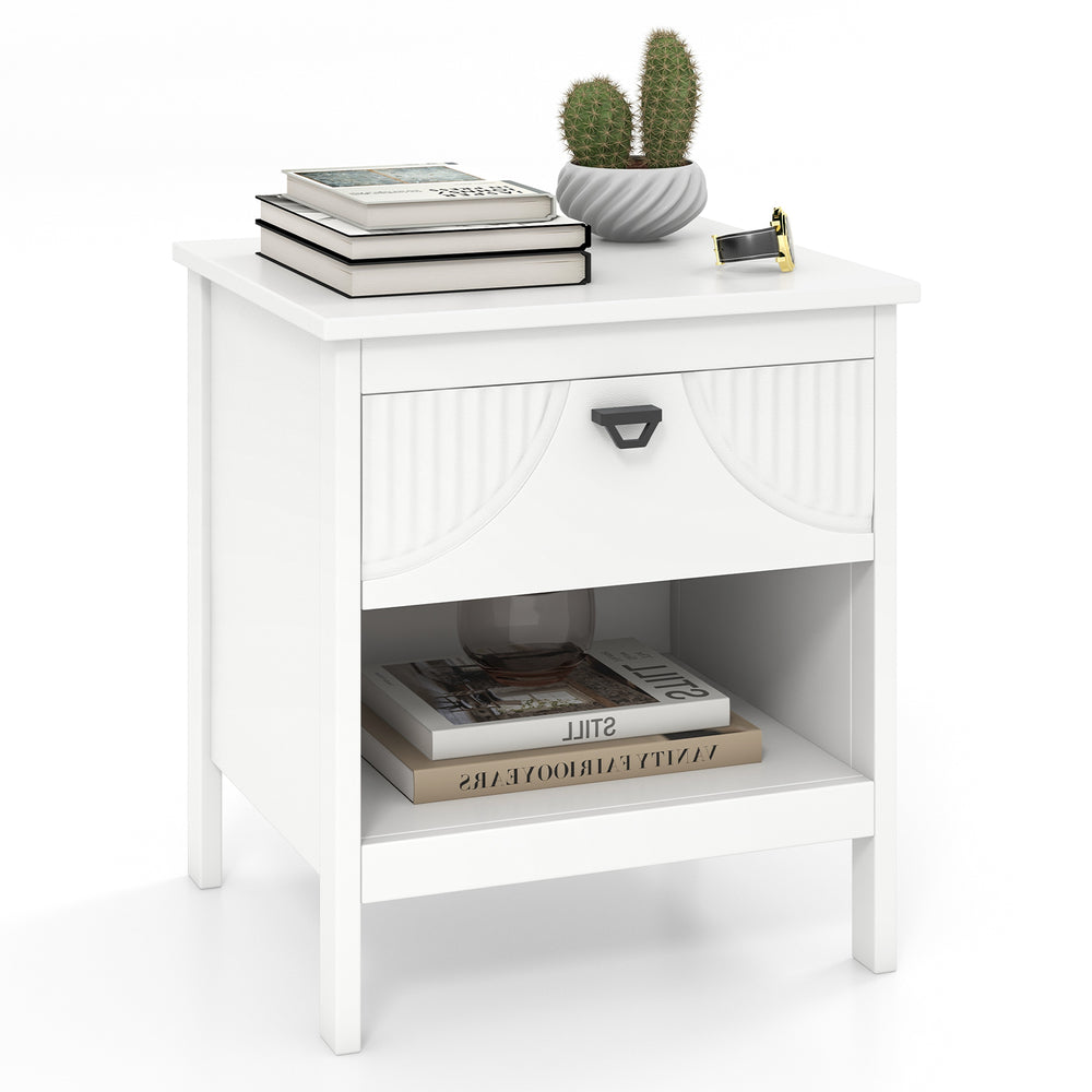 White 2-tier wood nightstand with drawer and open shelf, featuring modern design and anti-toppling device for stability.
