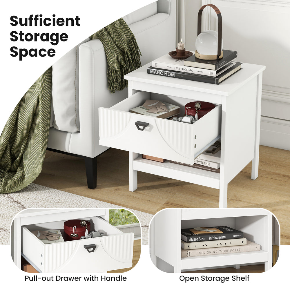 White 2-tier wood nightstand featuring a pull-out drawer and open storage shelf, ideal for bedroom organization.