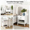 2-tier white wood nightstand with drawer and open storage shelf, ideal for bedroom or living room use.