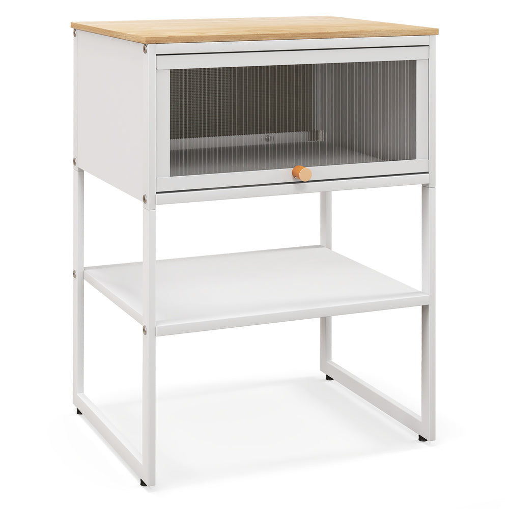 Compact white nightstand with flip-up door and storage shelf, featuring a sturdy metal frame for versatile home use.