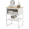 Compact white nightstand with flip-up door, 3-tier storage, sturdy metal frame, ideal for bedroom or living room use.