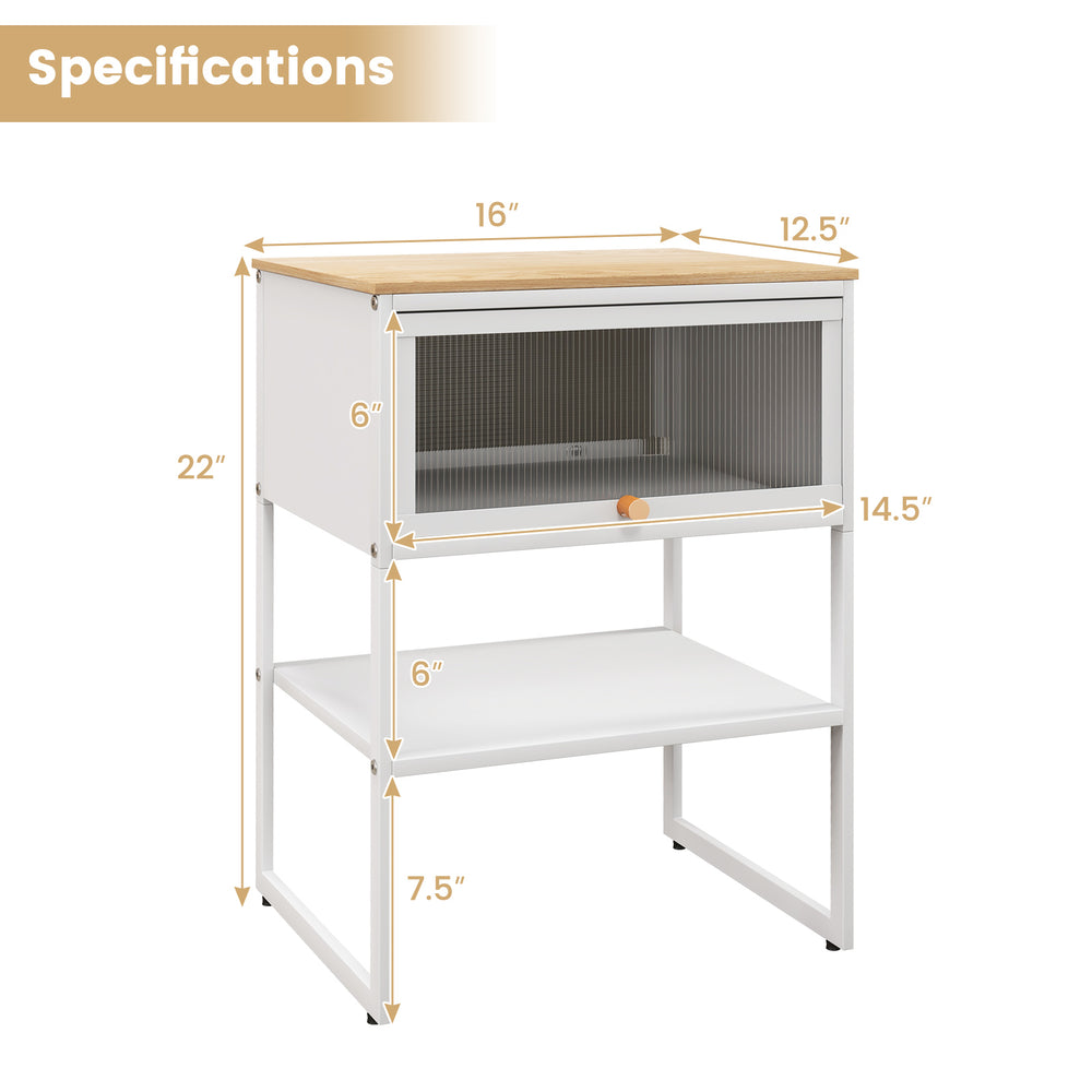 Nightstand with flip-up door storage shelf in white, featuring a sturdy metal frame and compact design for versatile.