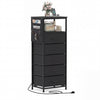 Black nightstand with integrated charging station, featuring a side pocket and 5 fabric drawers for added storage.
