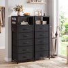 Modern black nightstand with integrated charging station, featuring 4 fabric drawers and open compartment for versatile.