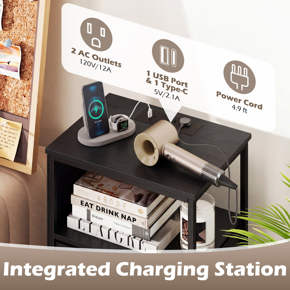 Nightstand with integrated charging station featuring 2 AC outlets, USB port, and a stylish black design for versatile.