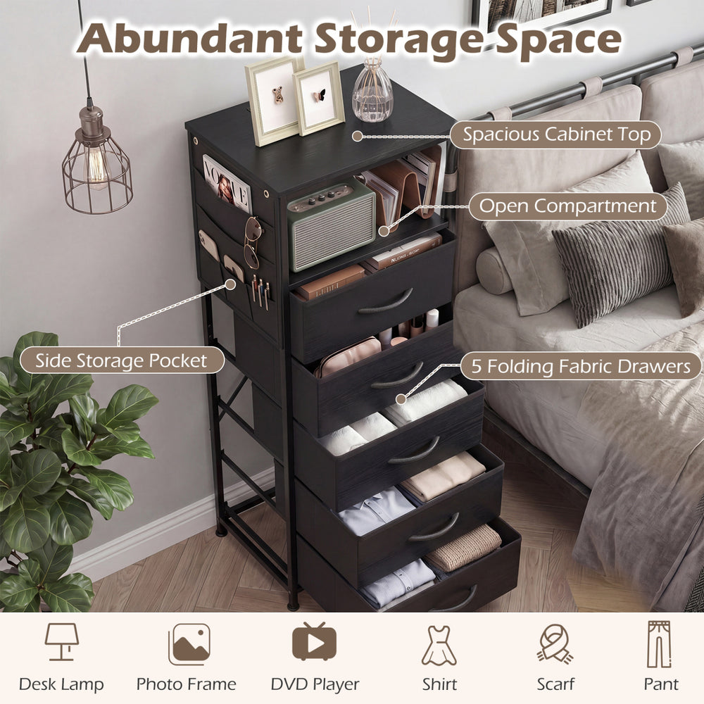 Modern black nightstand with integrated charging station, featuring 5 fabric drawers and open compartment for versatile.