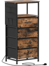 Nightstand with integrated charging station, featuring 4 fabric drawers and a rustic brown wood-like surface for.