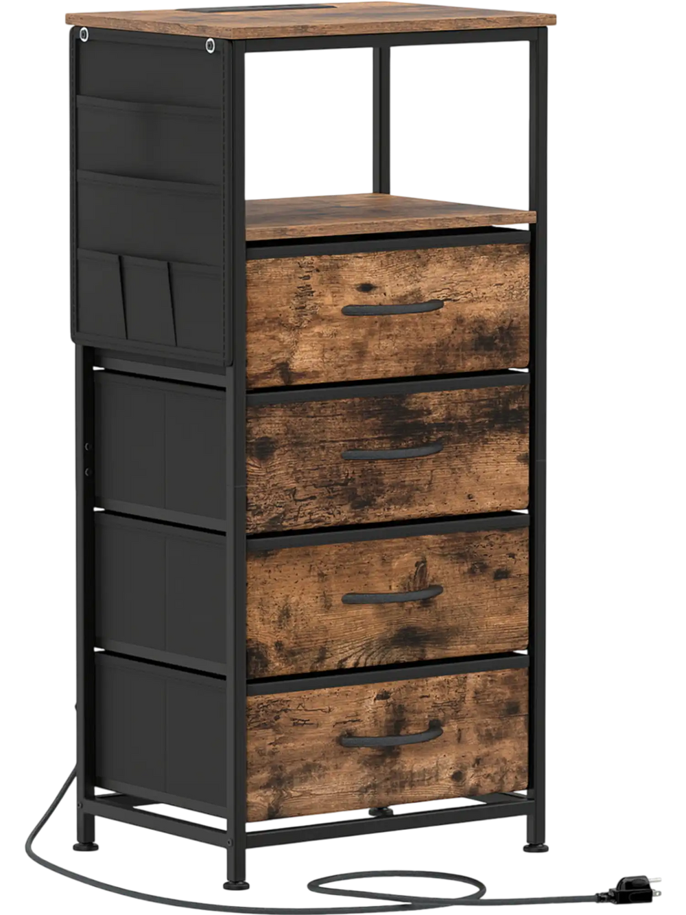 Nightstand with integrated charging station, featuring 4 fabric drawers and a rustic brown wood-like surface for.