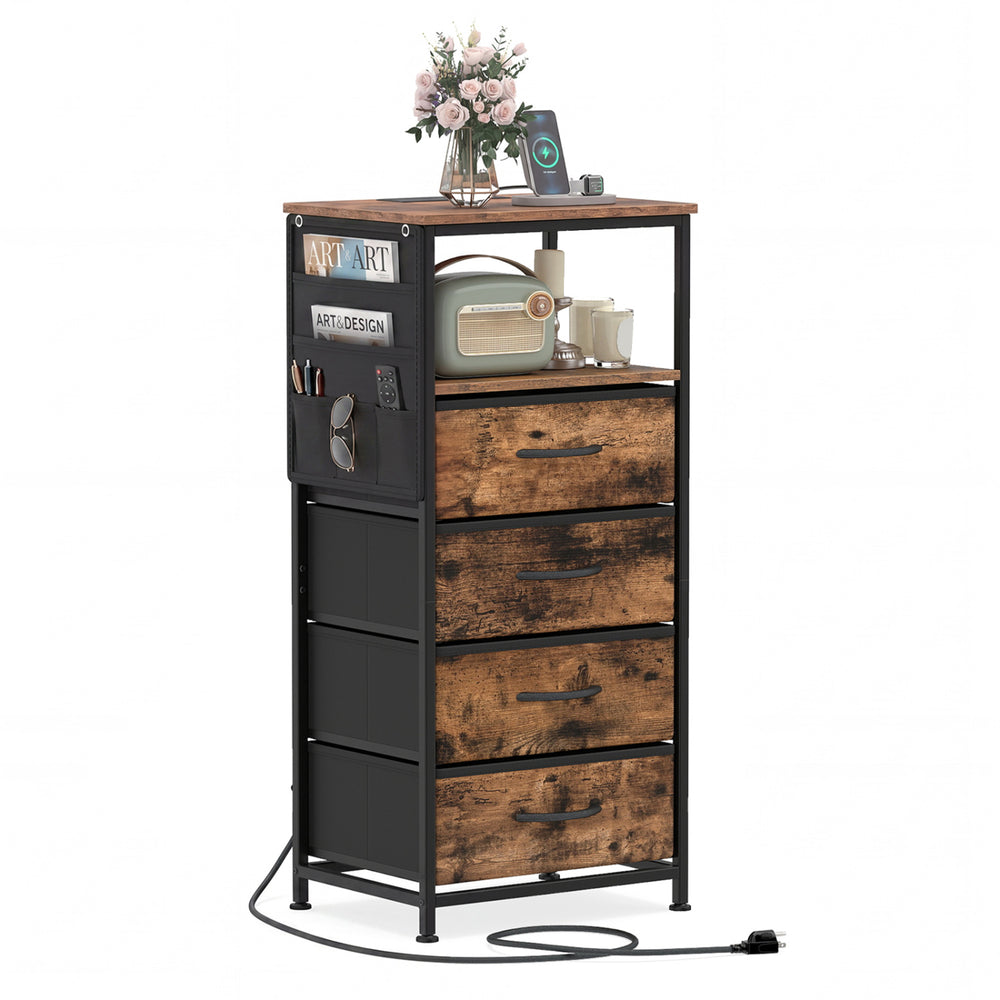 Nightstand showcasing a stylish wood-like surface, featuring a side pocket and integrated charging ports for.