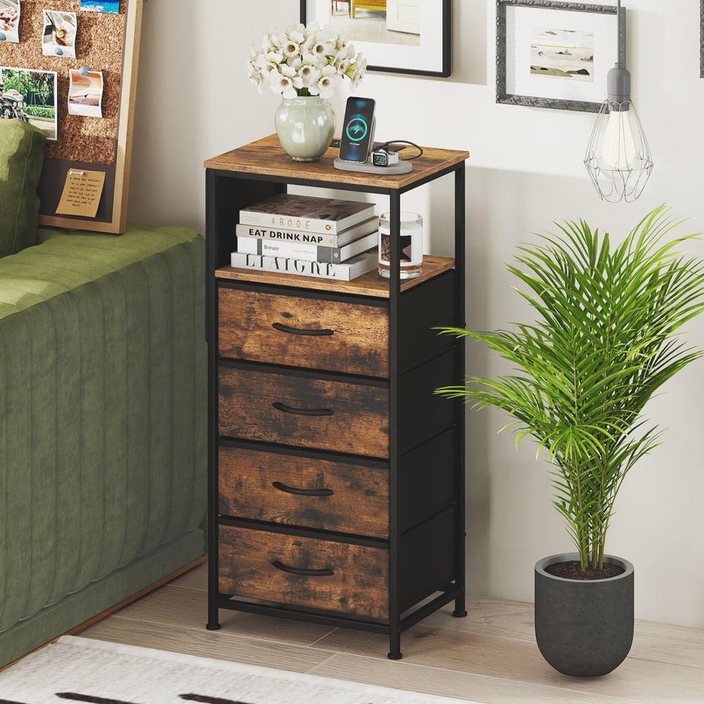 Nightstand with integrated charging station, rustic brown finish, featuring 4 fabric drawers and a wide tabletop for.