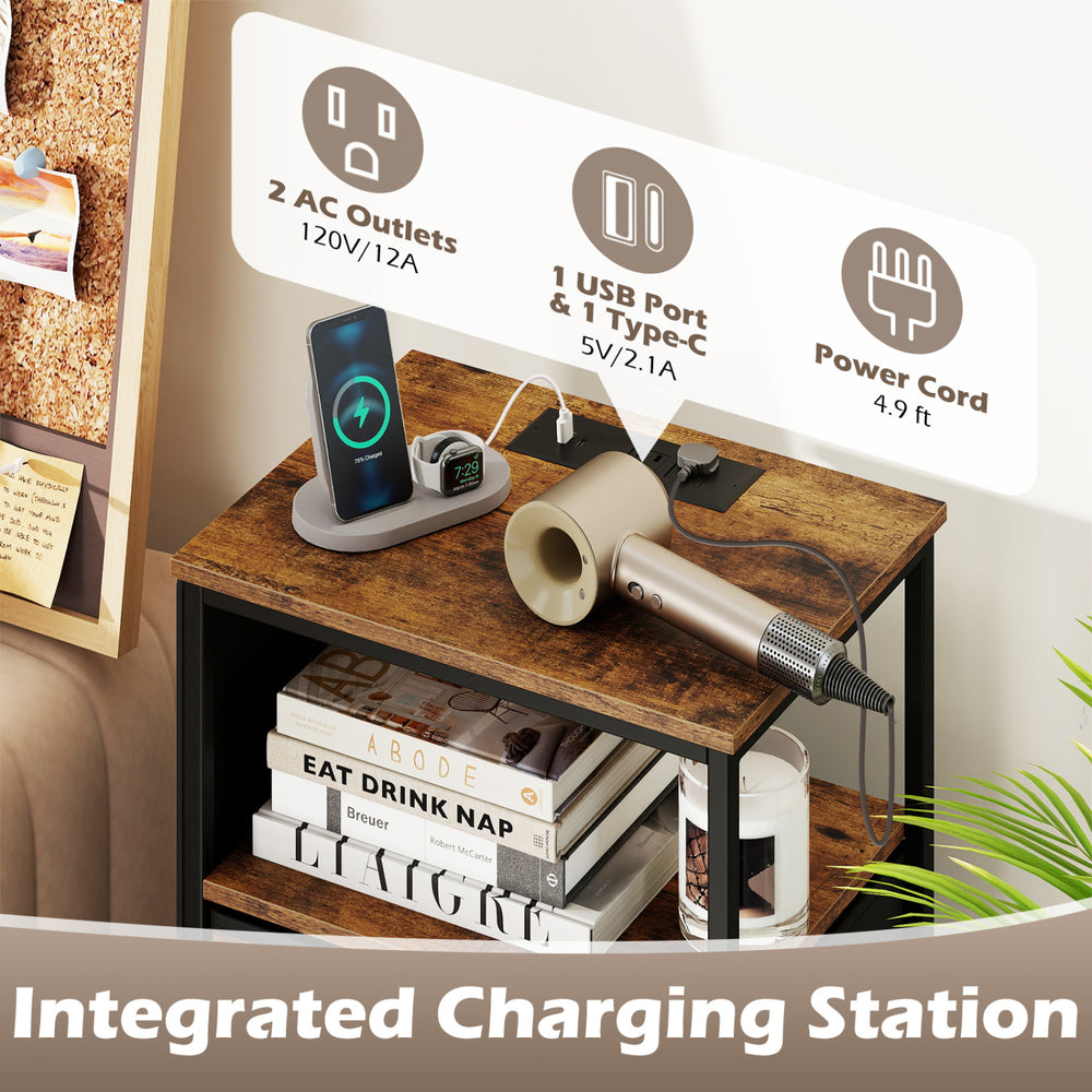 Nightstand with integrated charging station featuring 2 AC outlets and USB ports, ideal for bedroom or home office use.