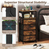 Nightstand with integrated charging station, rustic brown finish, featuring 4 fabric drawers and a sturdy metal frame.