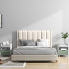 Modern nightstand in white with LED lights, sliding drawer, and open compartment, ideal for bedroom or living room use.