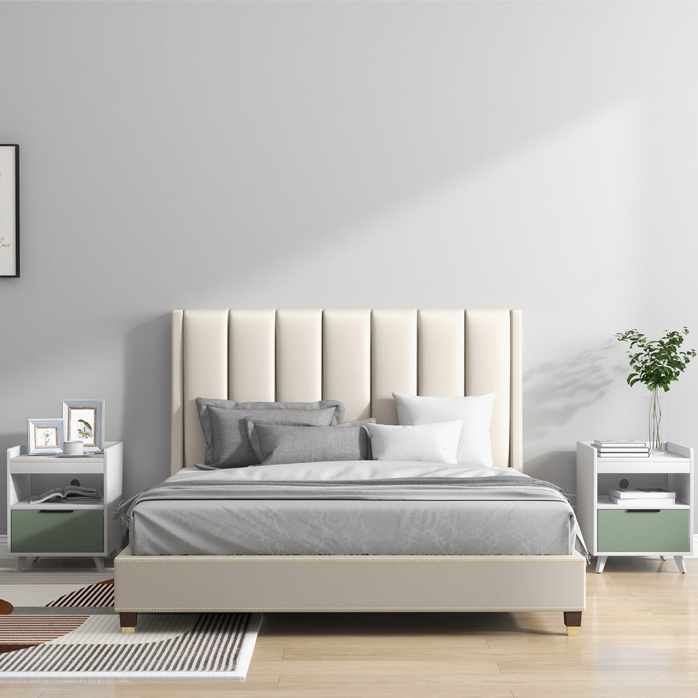 Modern nightstand in white with LED lights, sliding drawer, and open compartment, ideal for bedroom or living room use.