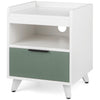 Modern nightstand in white with a sliding drawer, open compartment, and LED lights, ideal for bedroom or living room.