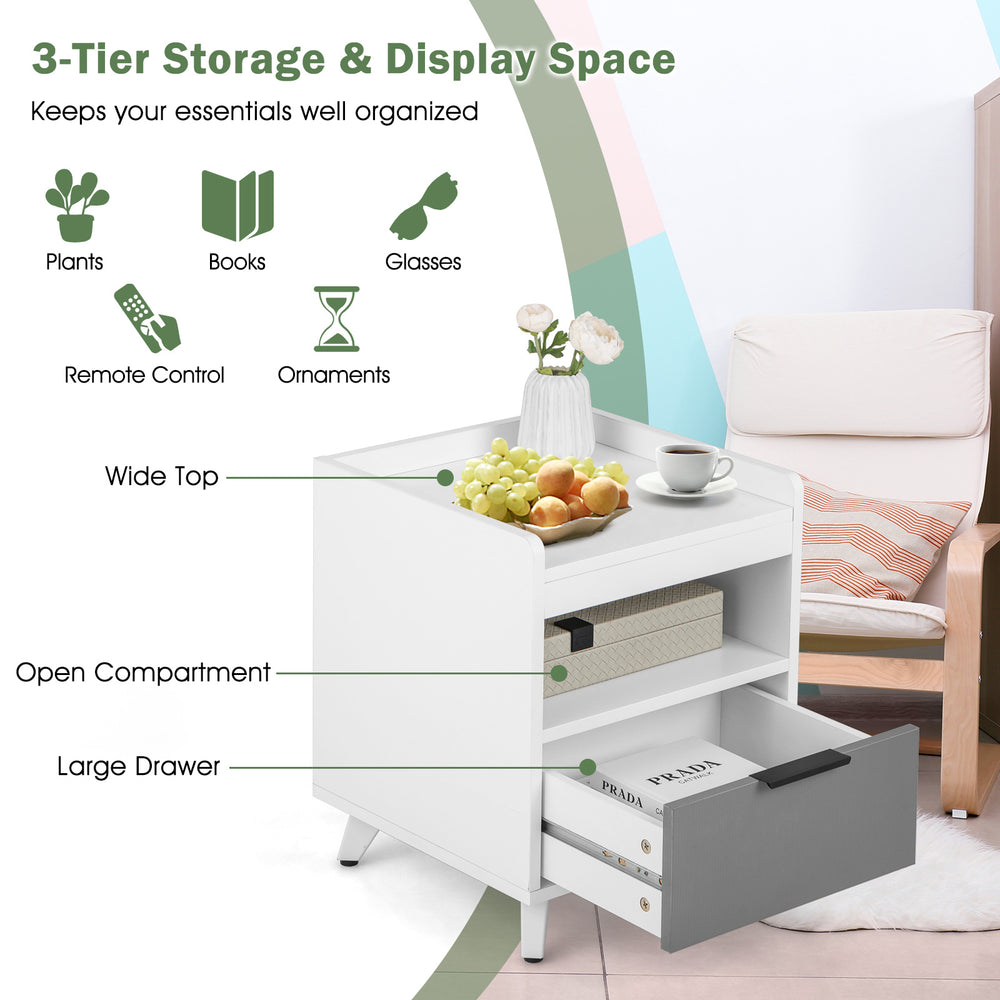 Modern white nightstand featuring a sliding drawer, open compartment, and LED lights for versatile storage and display.