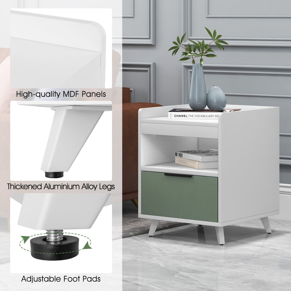 Modern nightstand featuring a sliding drawer, open compartment, and adjustable foot pads for stability on uneven ground.