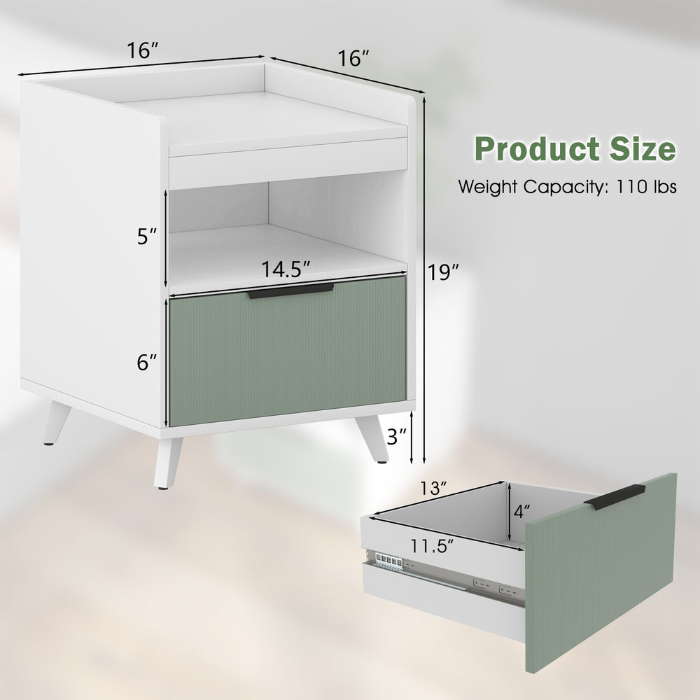 Modern nightstand with LED lights, sliding drawer, and open compartment; dimensions 16"x16"x5", perfect for bedroom use.