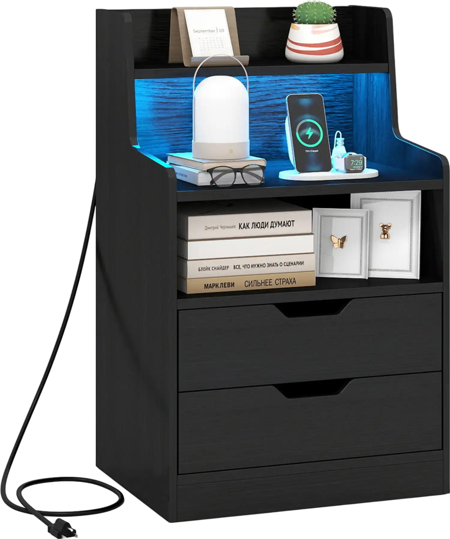 Costway LED Nightstand with Charging Station 82905296 New