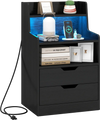 Nightstand with adjustable RGB LED light, charging station, and two drawers for organized bedside storage in black.