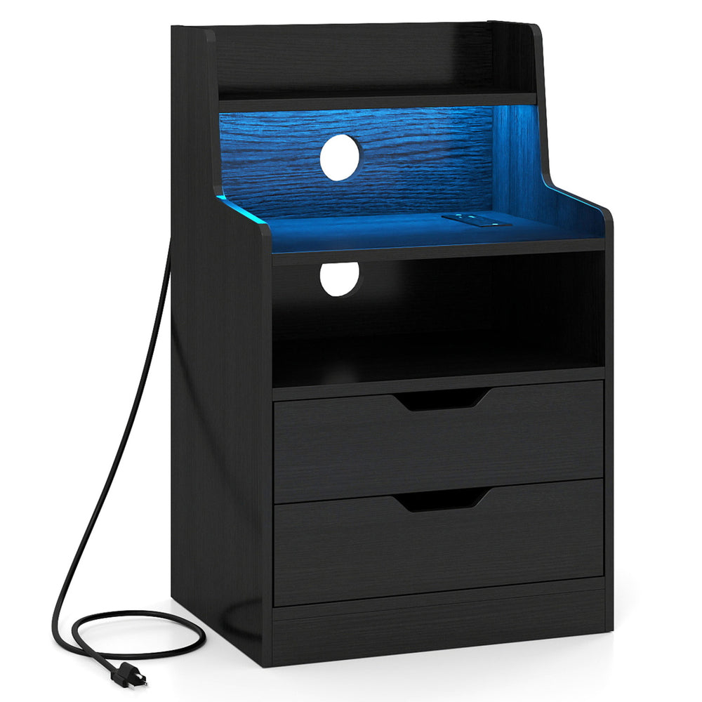Nightstand in black with LED light, charging station, two drawers, and open shelf for organized bedside storage.