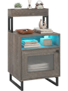 Gray nightstand with LED lights showcasing a raised shelf, open compartment, and enclosed cabinet for stylish bedside.