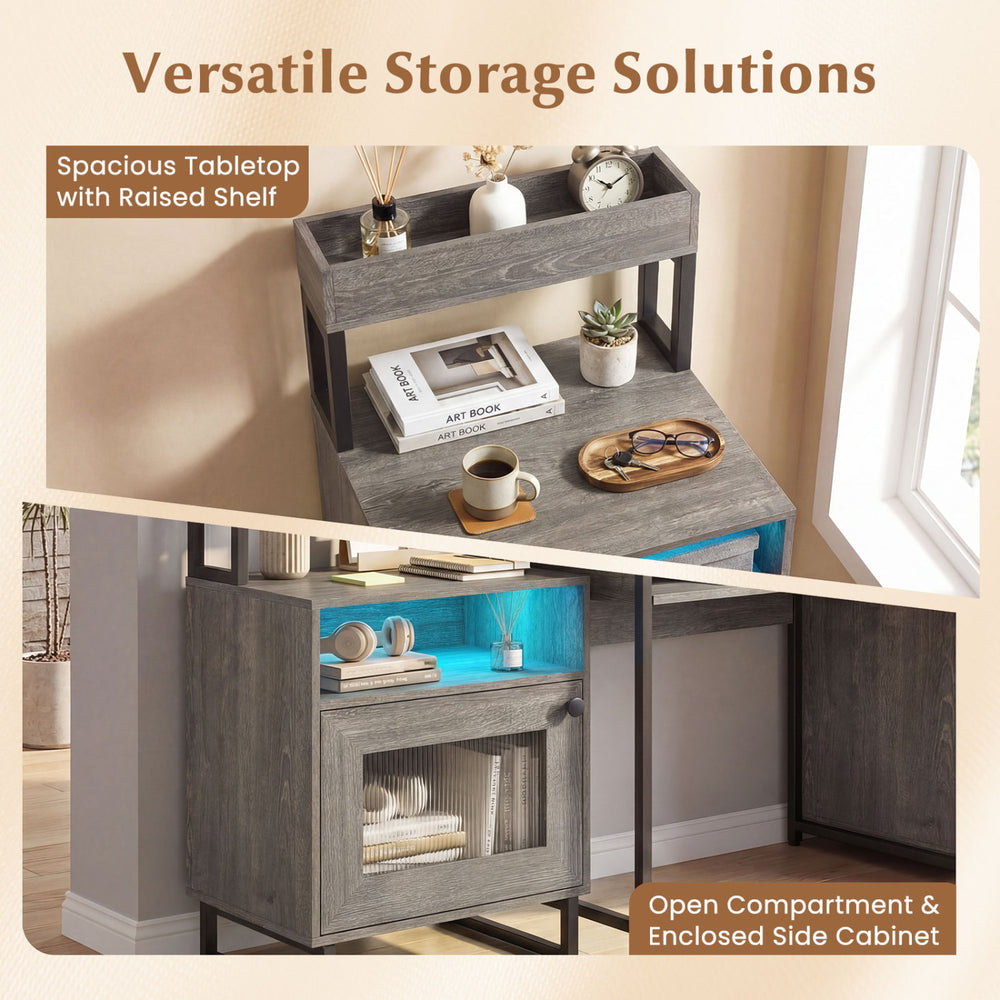 Nightstand with LED lights featuring a spacious tabletop, open compartment, and enclosed side cabinet in gray.