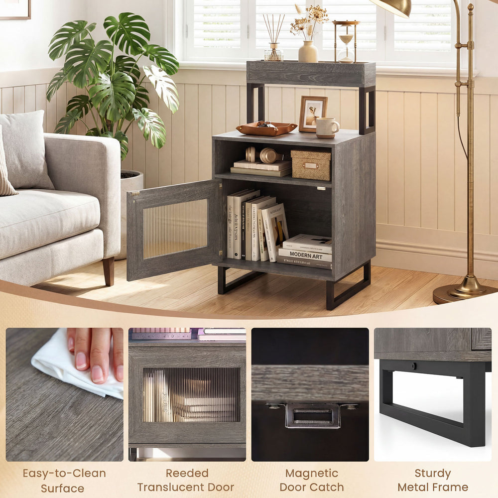 Gray nightstand with LED lights, open compartment, and storage cabinet, featuring a sturdy metal frame for modern decor.
