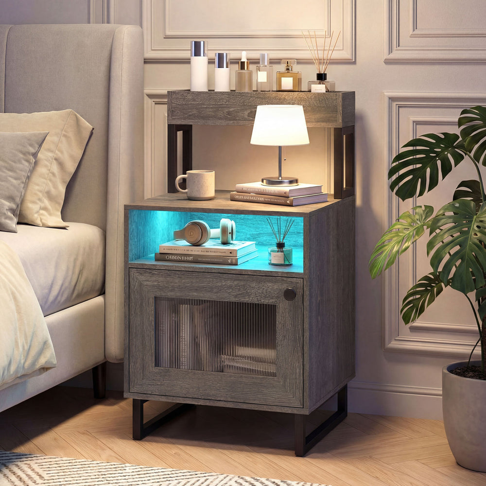 Modern gray nightstand with LED lights, open compartment, and storage cabinet for organized bedside essentials.