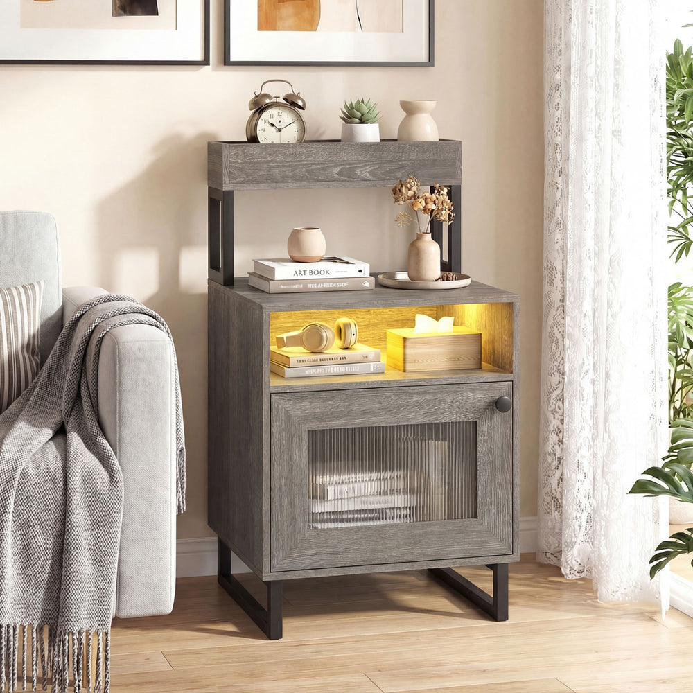 Gray nightstand with LED lights showcasing a top tray and spacious tabletop, perfect for organizing bedtime essentials.