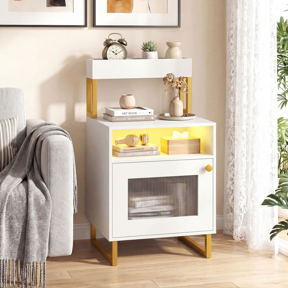 Nightstand with LED Lights Modern End Table with Top Tray Open Compartment and Storage Cabinet-White - Gallery View 1 of 10
