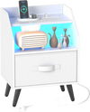 Nightstand with LED lights features a fabric drawer, open shelf, and built-in charging station for convenient storage.