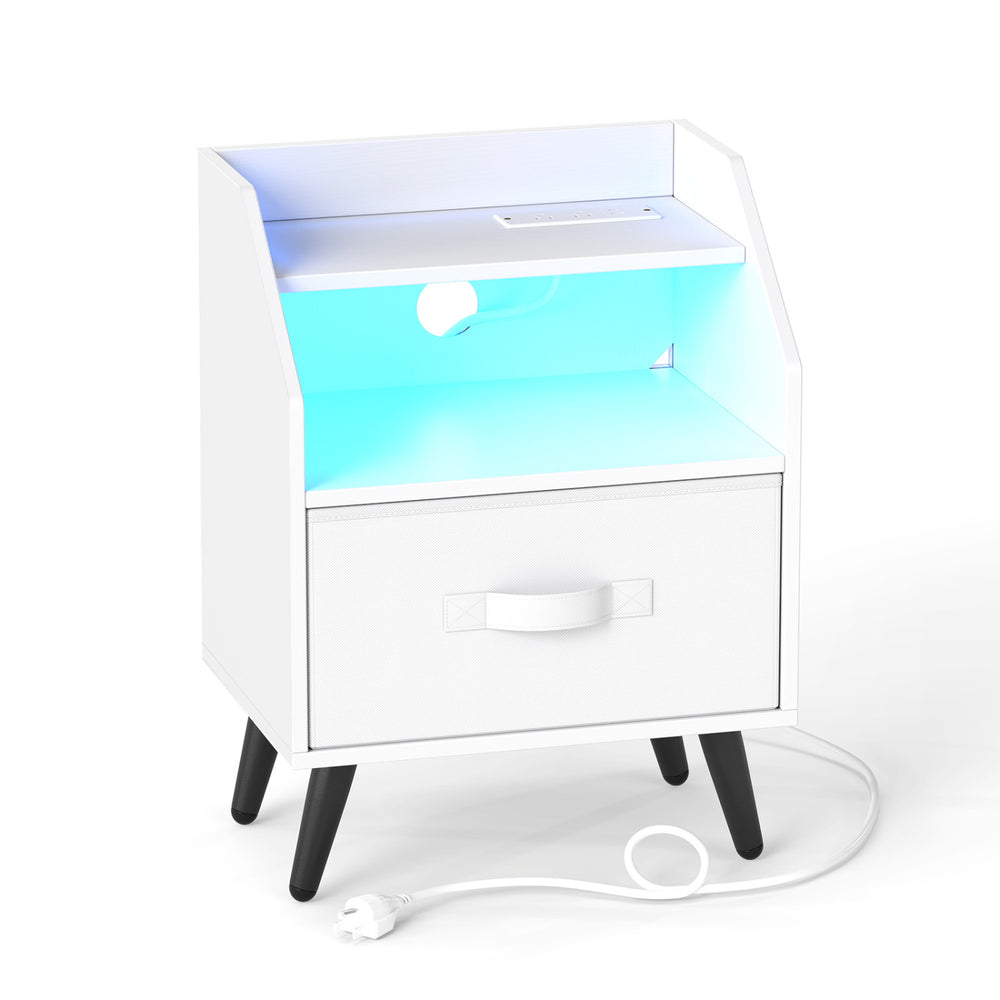 Nightstand in white with LED lights, fabric drawer, open storage shelf, and built-in charging station for versatile use.