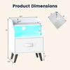 Nightstand featuring LED lights, a fabric drawer, and open storage shelf with dimensions for easy placement in any room.