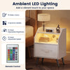 Nightstand with LED lights features a fabric drawer, open storage shelf, and built-in charging station for convenience.