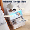 Nightstand with LED lights features an open storage shelf, fabric drawer, and built-in charging station for convenience.