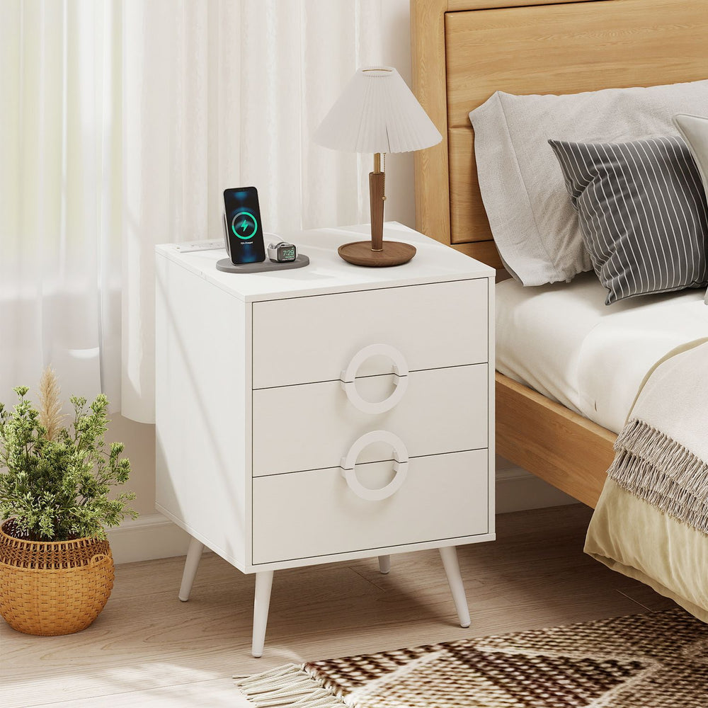 Nightstand with Power Outlets and 3 Drawers Modern Bedside Table with Cable Hole-White - Gallery View 1 of 9